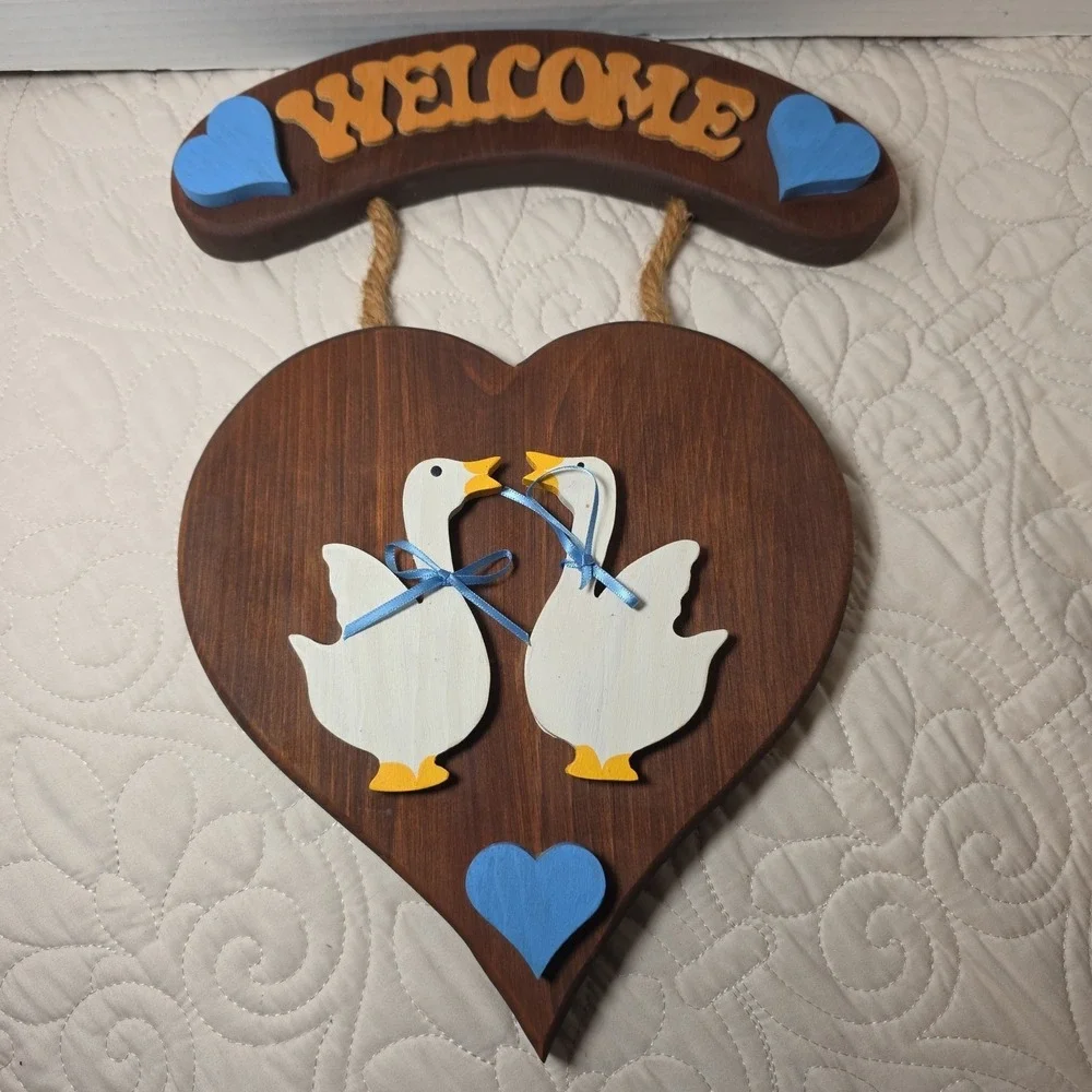 VTG Welcome Geese Plaque Vintage Heart Wall Decor Door Hanger Cottagecore Ribbon